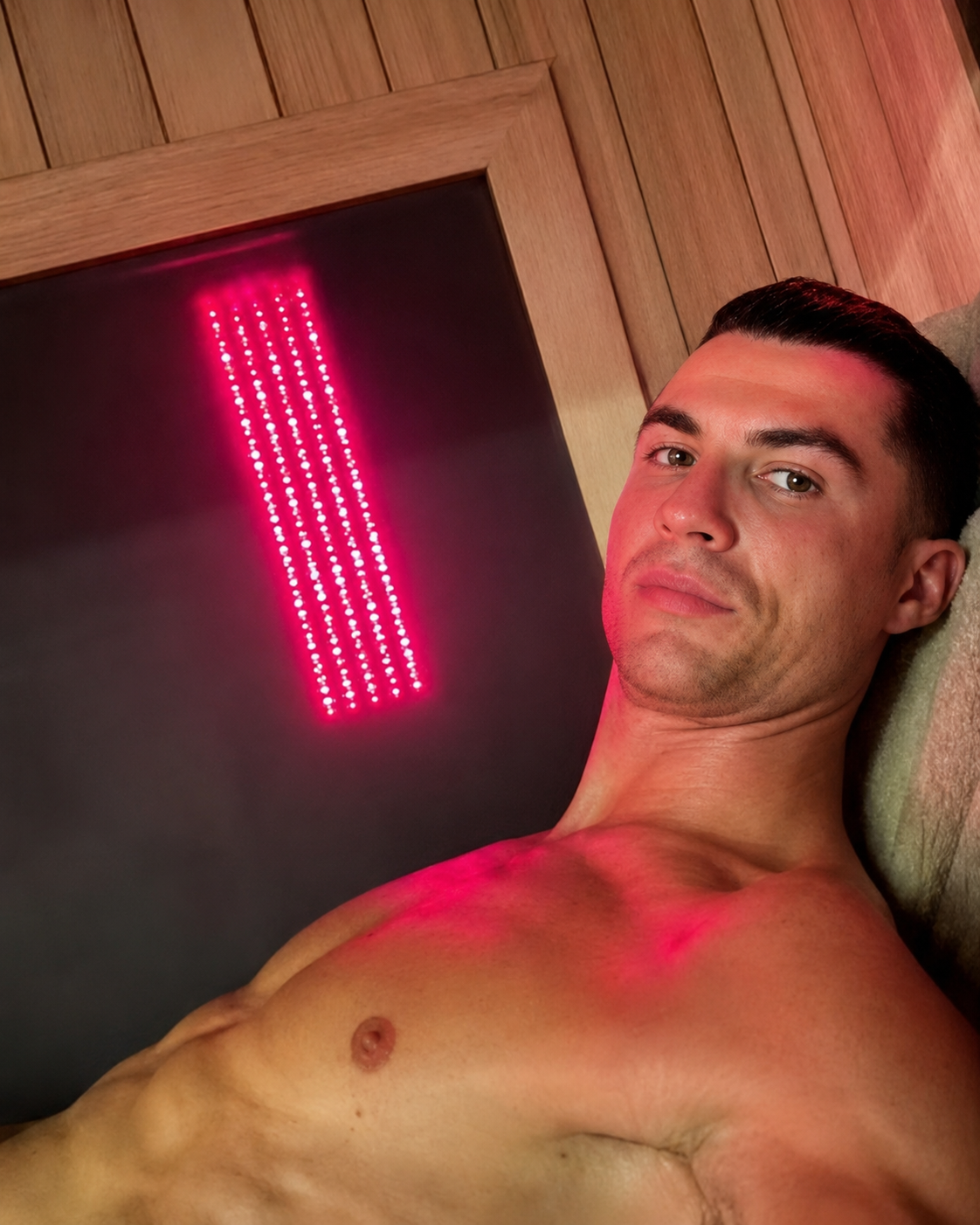 Atleta usando terapia de luz vermelha para recuperação